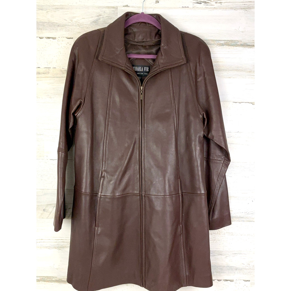 Michaela Fur Womens S Brown Leather Trench Coat Long Zip Jacket Vintage Luxe